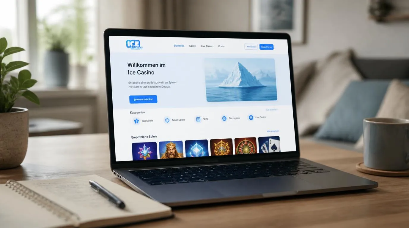 Schlichtes Casino-Weblayout auf einem Laptop mit klar angeordneten Bereichen
