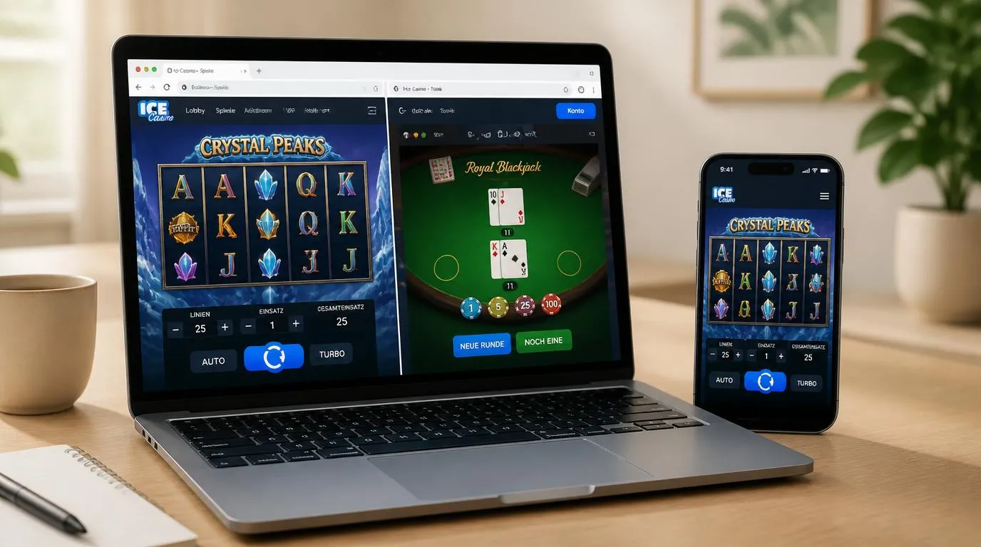 Slot-Oberfläche auf Laptop und Smartphone neben einem geöffneten Tischspiel im Browser