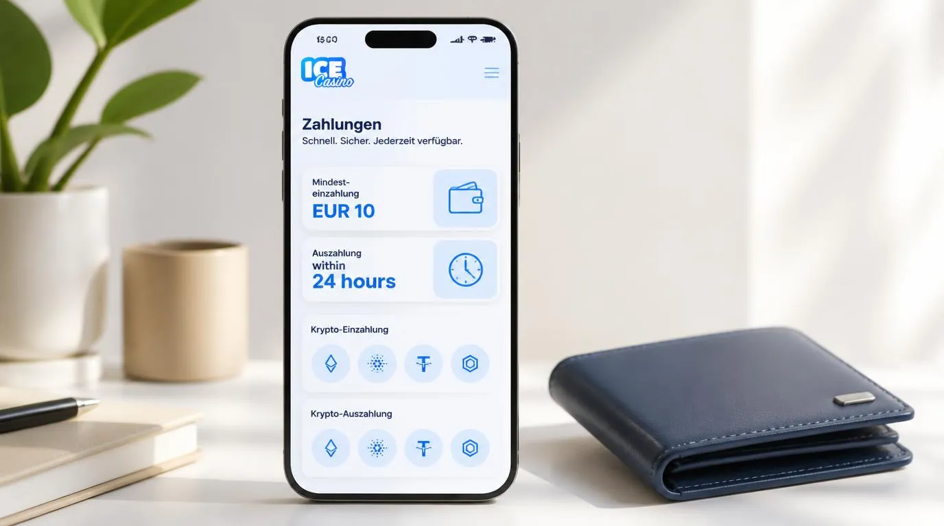 Smartphone mit 10-EUR-Einzahlung, Auszahlung innerhalb von 24 Stunden und Kryptowährung als Zahlungsweg