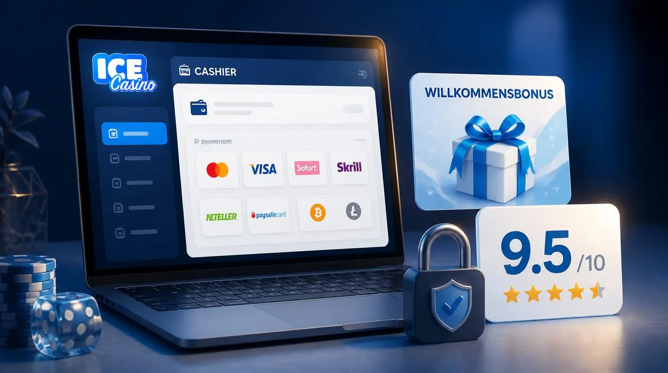 Illustration einer Casino-Kasse mit Schloss-Symbol, Bewertungsanzeige und Bonuskarte