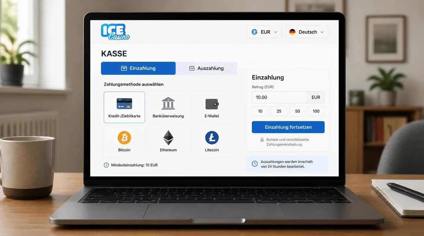 Casino-Kasse mit Auswahl für Zahlungsart, Euro-Kontowährung und Sprache